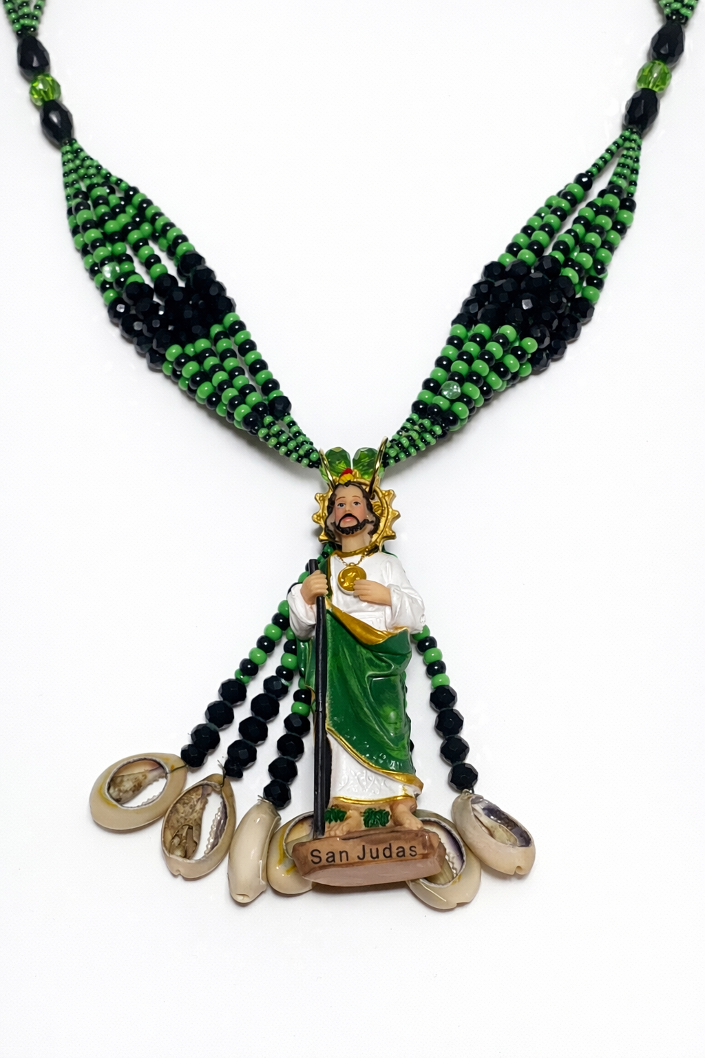 Collar San Judas con conchas 🐚 Cauri (Verde y Negro)