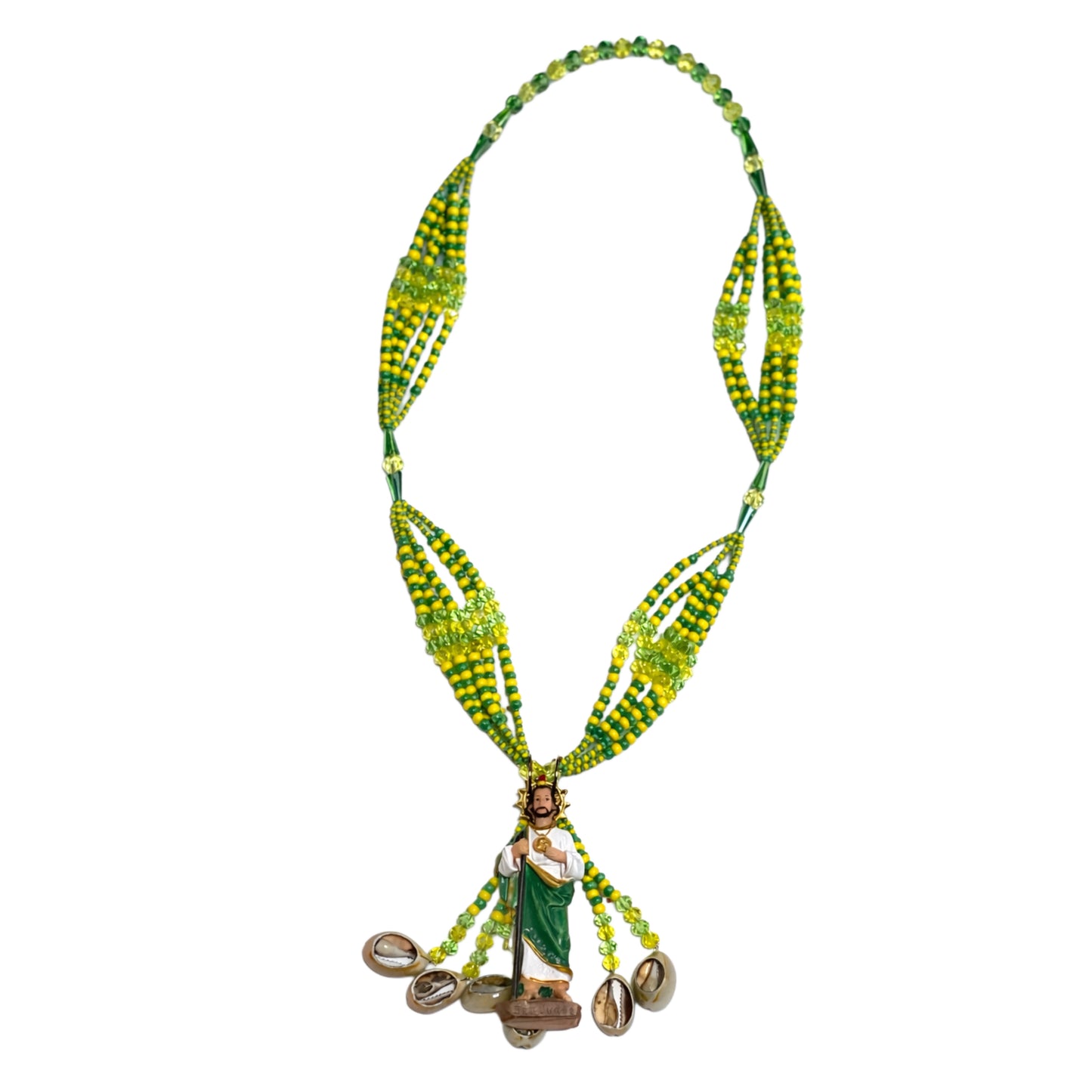 Collar San Judas con 🐚 Conchas Cauri (Verde y Amarillo)