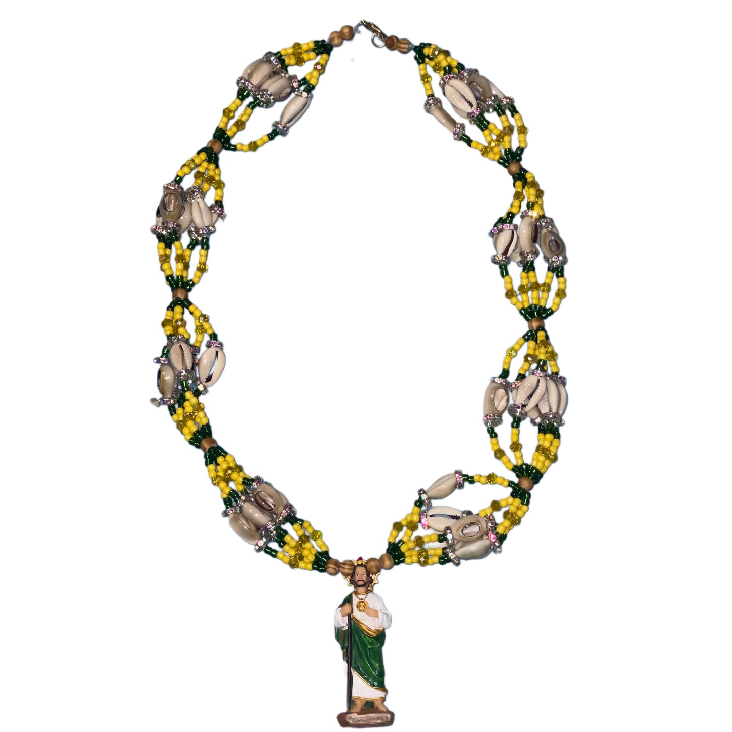 Collar San Judas Tadeo Conchas Verde y Amarillo