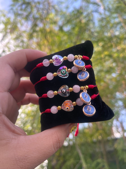 Pulsera de cuarzo rosa con ojo turco de corazón con Arcángel Miguel